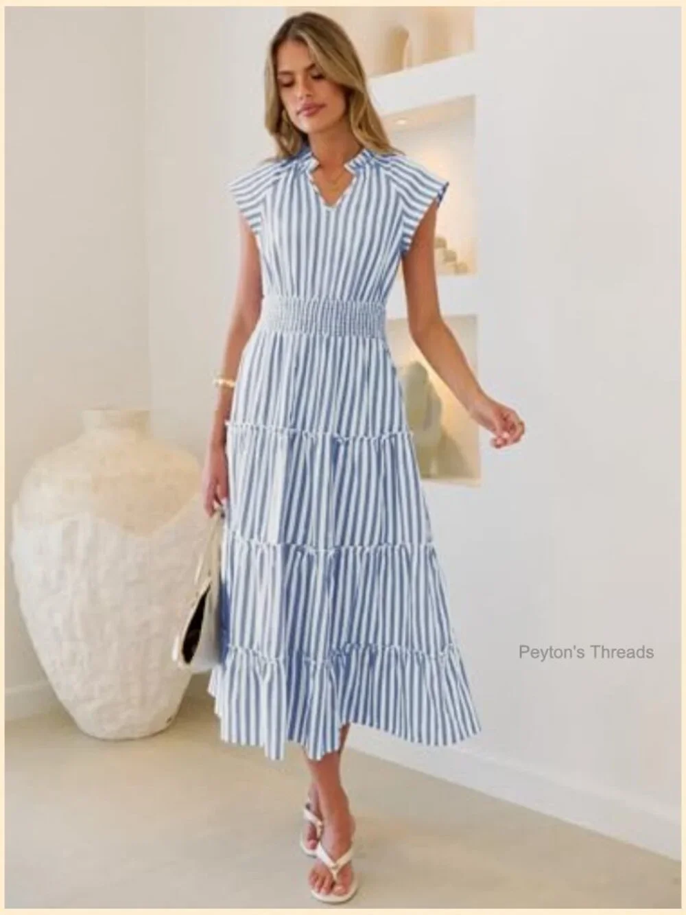 Women's Summer Maxi Dress V-Neck Cap Sleeve Gingham Striped Flowey Tiered Midi - Picture 4 of 7